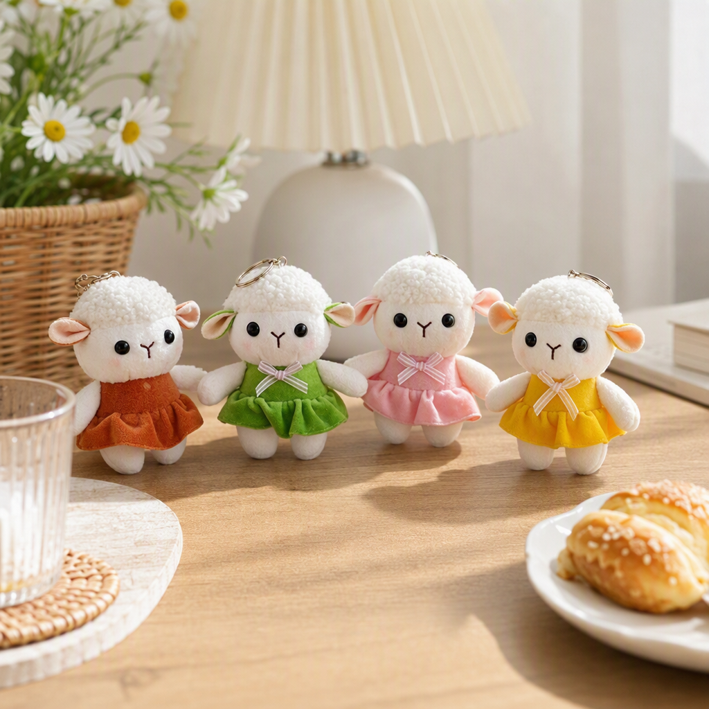 Cute standing little sheep pendants, plush toys, keychains, bags, decorative dolls, export batch products, four white little sheep dolls in colorful skirts, keychains, Mother's Day gifts, keychains, accessories, fashionable and cute details Picture