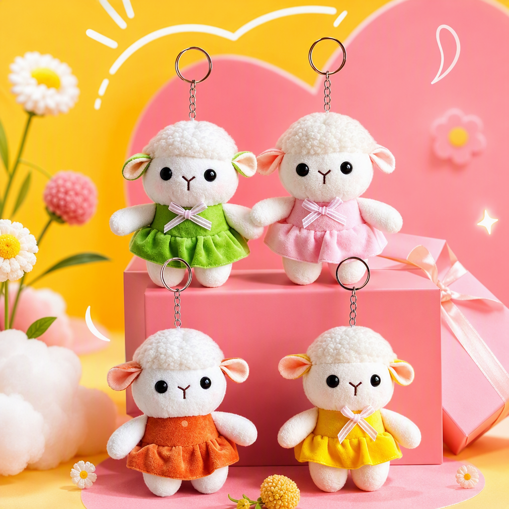 Cute standing little sheep pendants, plush toys, keychains, bags, decorative dolls, export batch products, four white little sheep dolls in colorful skirts, keychains, Mother's Day gifts, keychains, accessories, fashionable and cute Application Scenario
