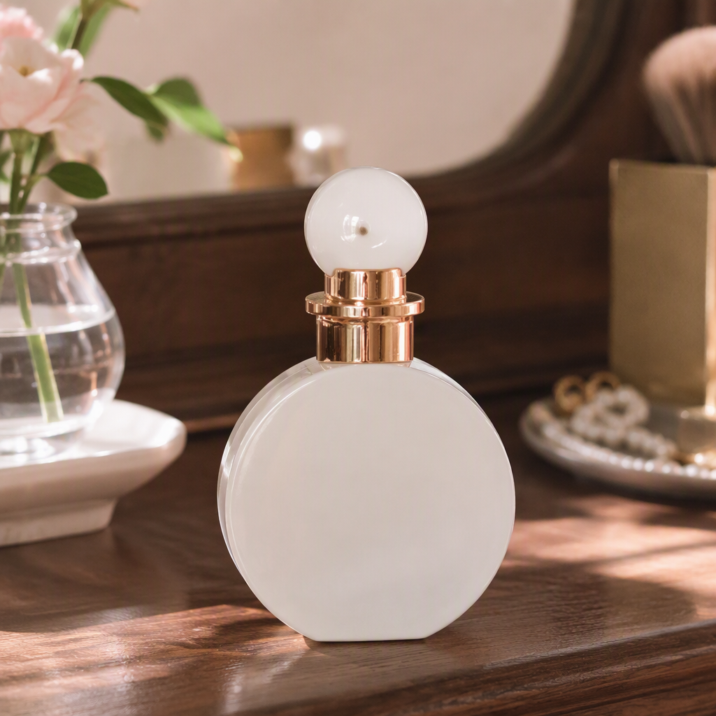 A white round perfume bottle with a golden cap, exquisitely carved packaging box, a fashionable and elegant collectible details Picture