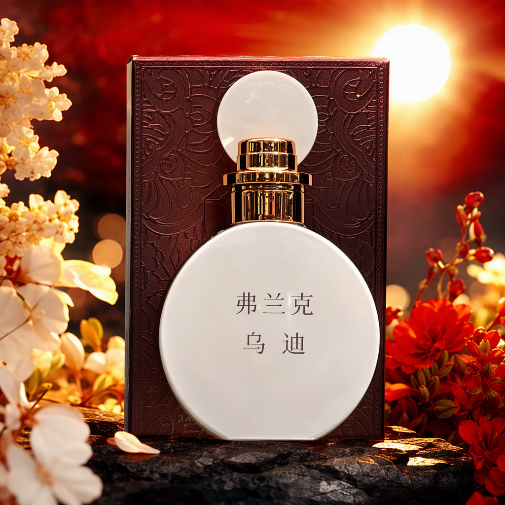 A white round perfume bottle with a golden cap, exquisitely carved packaging box, a fashionable and elegant collectible Specification image