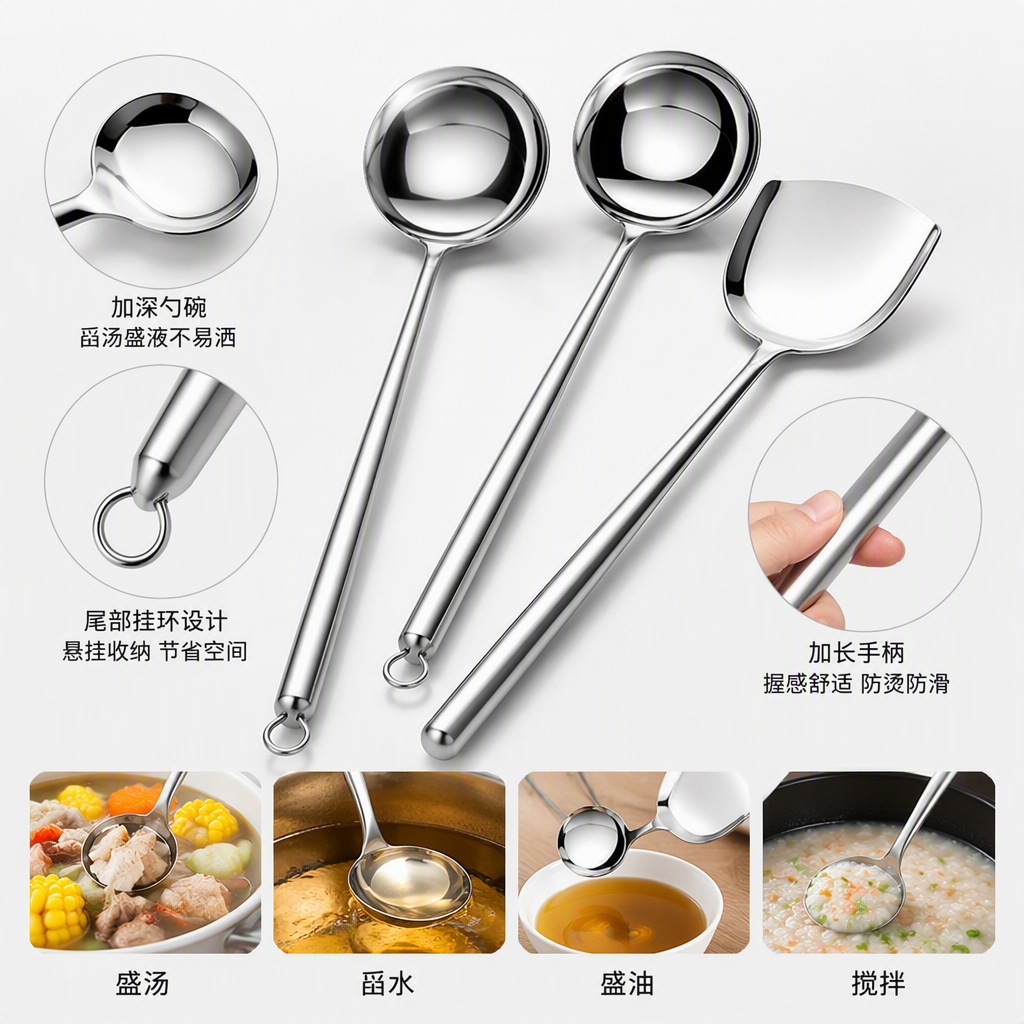 Multi-functional stainless steel spoons and spoons, household tableware, kitchen seasoning spoons, practical tableware set Item Picture