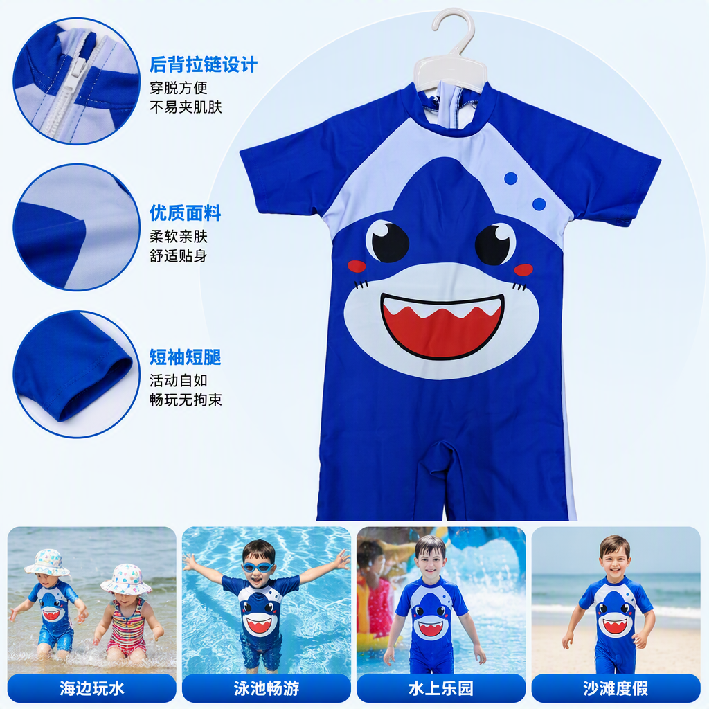 Children's cute blue shark-patterned one-piece swimsuit, sun-protective, quick-drying and comfortable, a must-have for summer