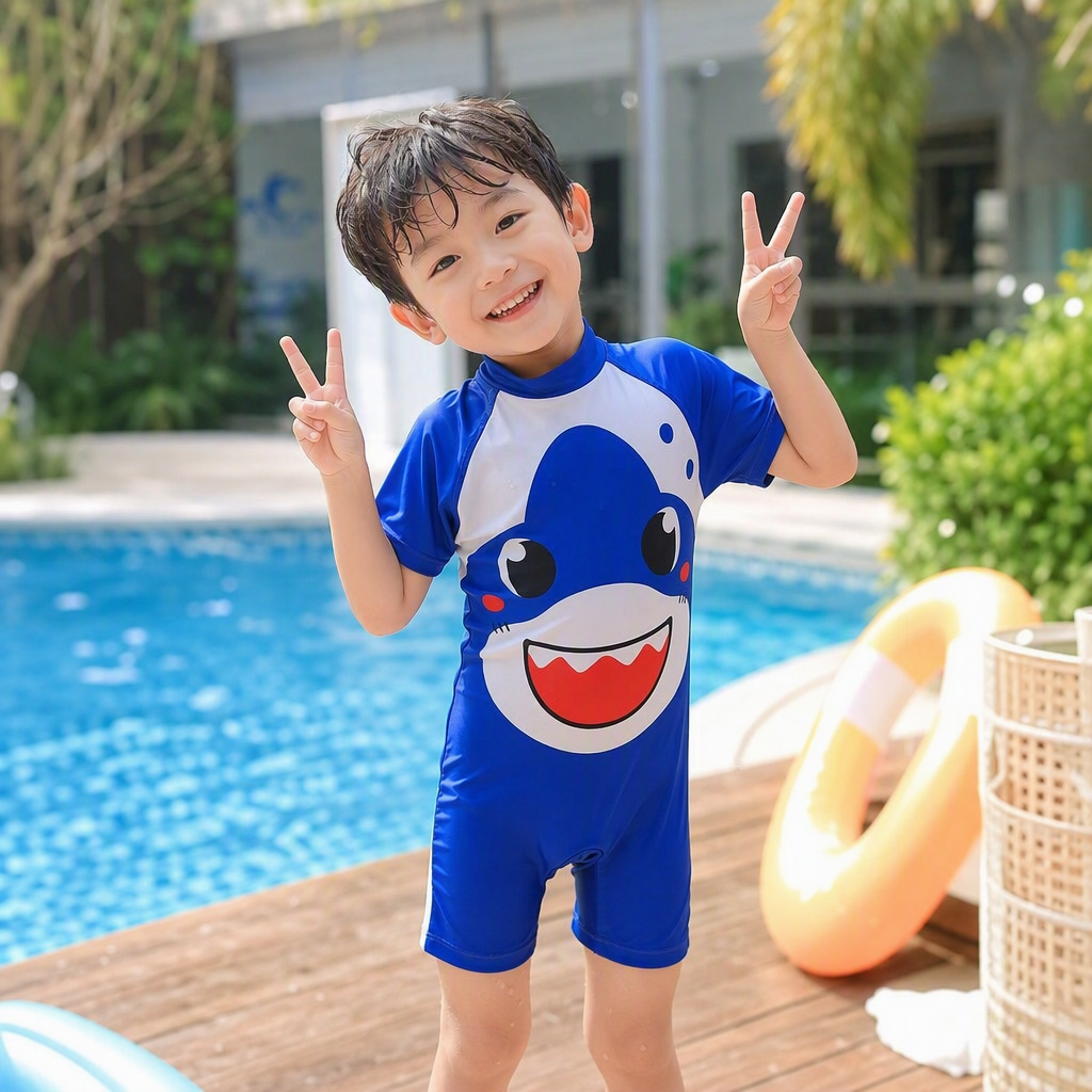 Children's cute blue shark-patterned one-piece swimsuit, sun-protective, quick-drying and comfortable, a must-have for summer details Picture
