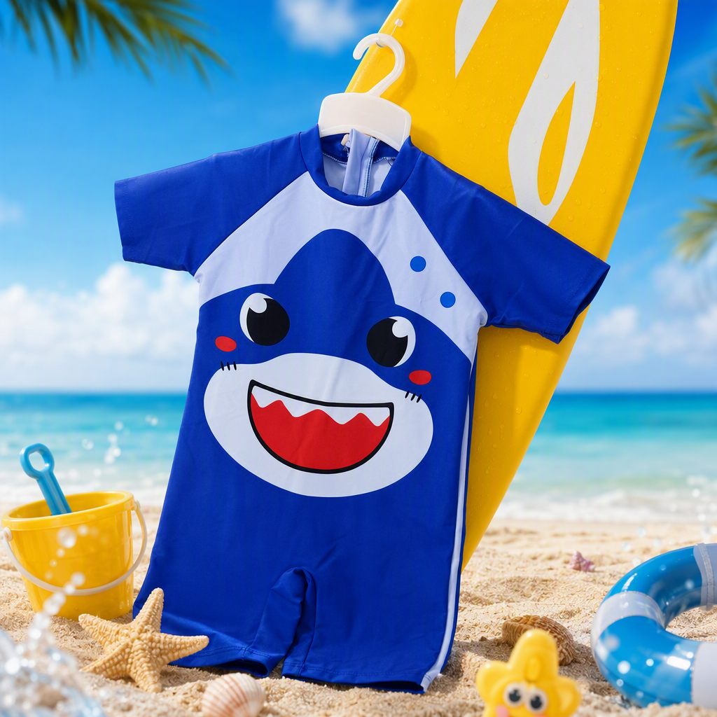 Children's cute blue shark-patterned one-piece swimsuit, sun-protective, quick-drying and comfortable, a must-have for summer Specification image