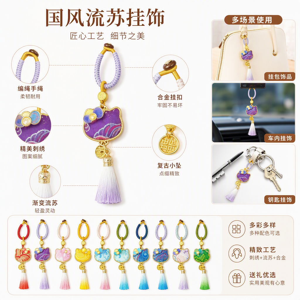 Colorful embroidered Hello Kitty round pendant, decorated with colorful woven rope tassels and beige silk background, fashionable and cute accessory