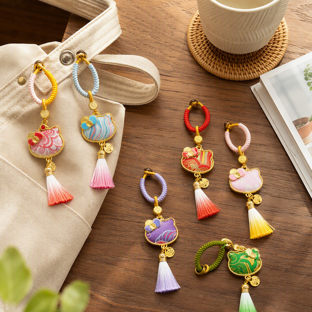 Colorful embroidered Hello Kitty round pendant, decorated with colorful woven rope tassels and beige silk background, fashionable and cute accessory details Picture