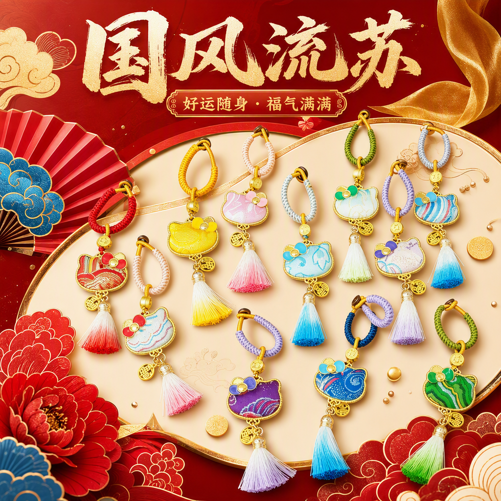Colorful embroidered Hello Kitty round pendant, decorated with colorful woven rope tassels and beige silk background, fashionable and cute accessory Specification image