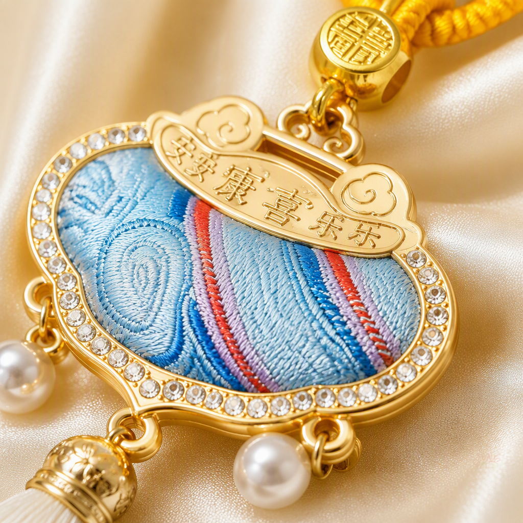 Colorful embroidered Hello Kitty round pendant, decorated with colorful woven rope tassels and beige silk background, fashionable and cute accessory Application Scenario