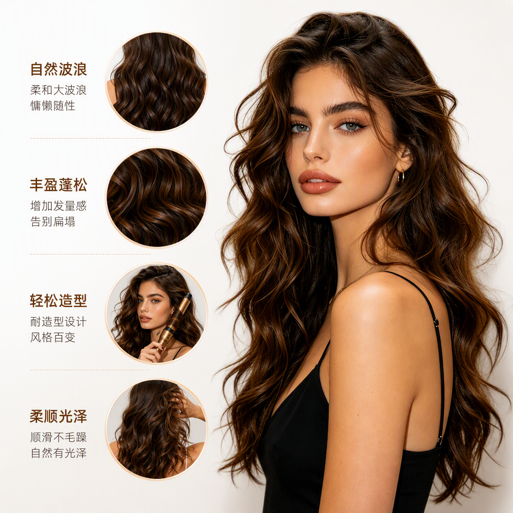 Natural brown big wavy hair extensions, one-piece five-clip hair extensions, female model style wig accessories