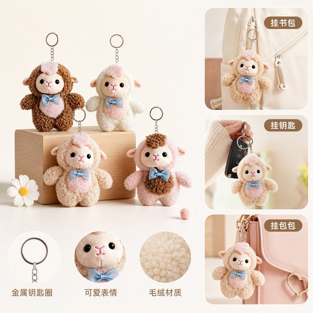Cute standing little sheep pendant, simulated plush toy keychain bag, decorative small doll, cultural and creative souvenir, cute plush sheep keychain, Mother's Day gift, pink background, multi-color spliced metal ring decoration Specification image