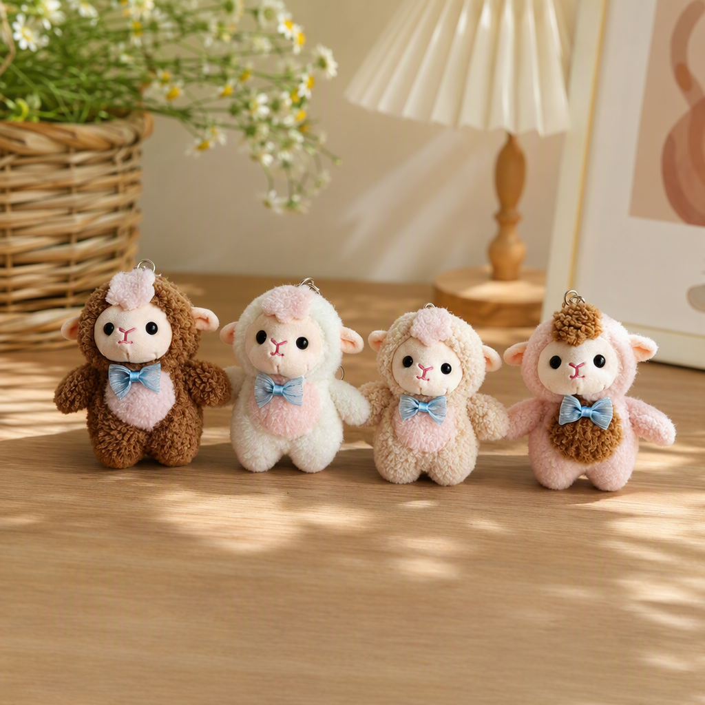 Cute standing little sheep pendant, simulated plush toy keychain bag, decorative small doll, cultural and creative souvenir, cute plush sheep keychain, Mother's Day gift, pink background, multi-color spliced metal ring decoration details Picture