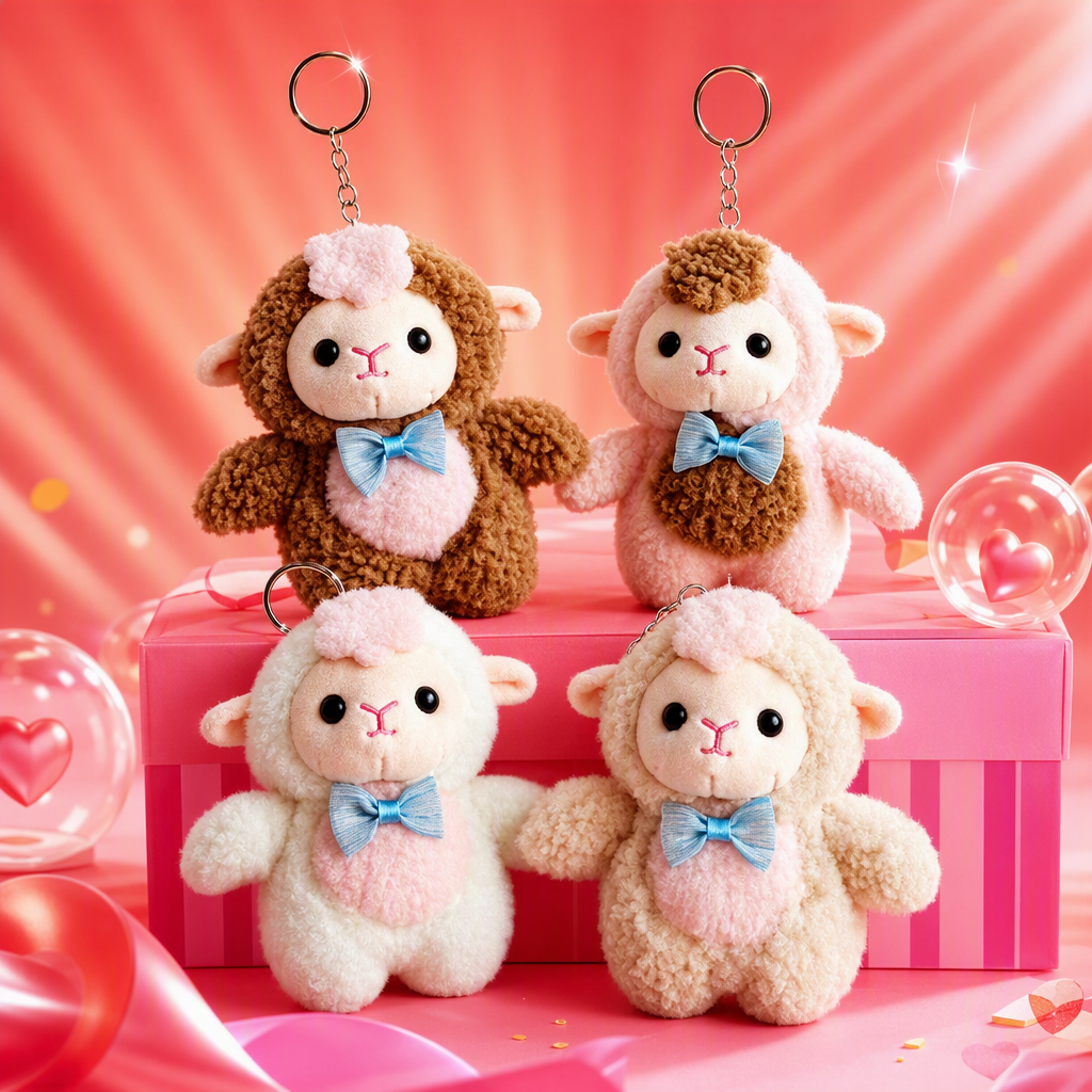 Cute standing little sheep pendant, simulated plush toy keychain bag, decorative small doll, cultural and creative souvenir, cute plush sheep keychain, Mother's Day gift, pink background, multi-color spliced metal ring decoration Application Scenario