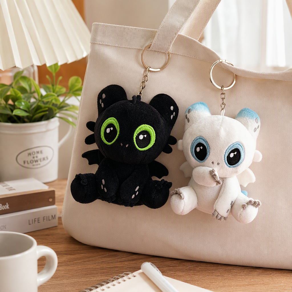 Cross-border hot sale cómo formar a su dragón lucha de la noche pequeño dragón blanco juguete de peluche bolso de escuela llavero colgante negro de peluche dragón llavero regalo del día de la madre llavero llavero blanco de peluche adorable accesorios colgante moda creativa llavero details Picture