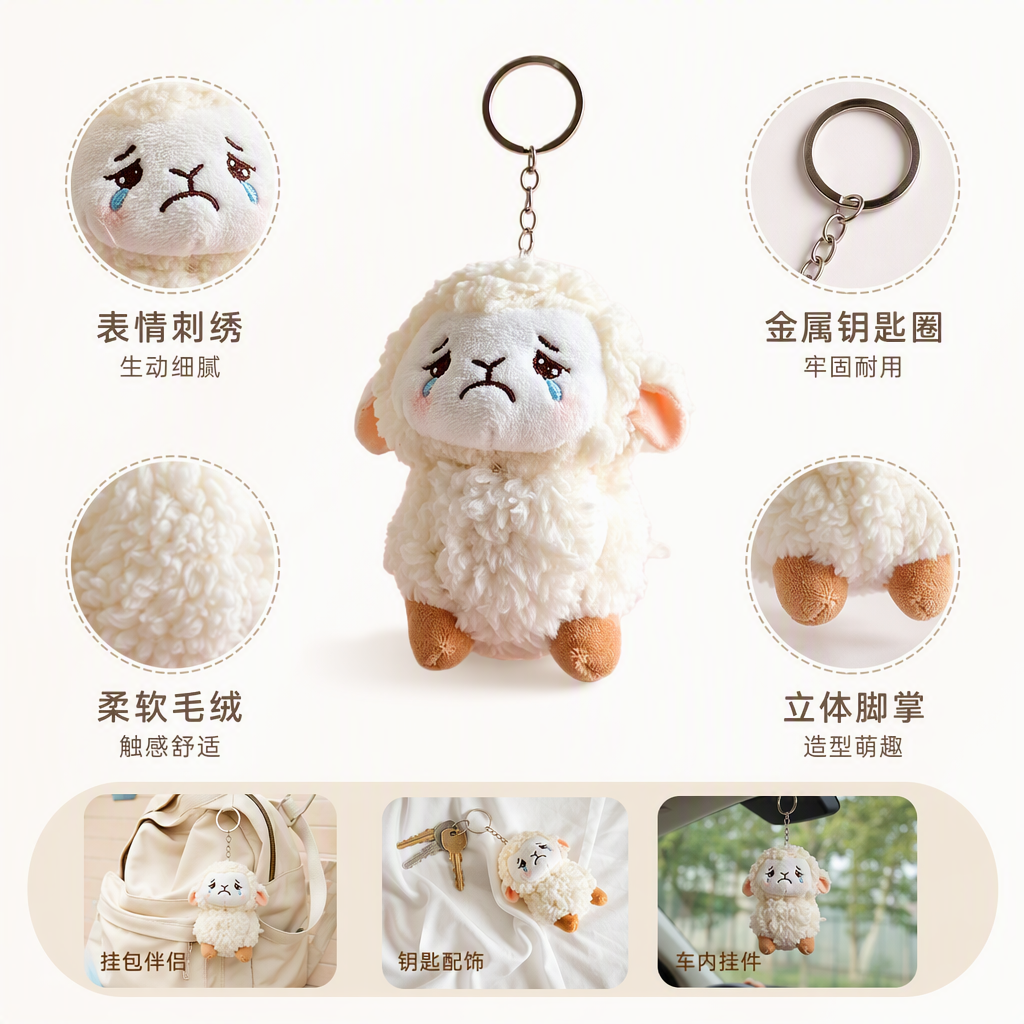 Super cute and realistic little sheep pendant bags, keychains, small dolls, adorable figurines, crying and laughing sheep, foreign trade wholesale, white plush sheep, Mother's Day custom acrylic key chains, personalized and creative accessories, gifts and giveaways Specification image