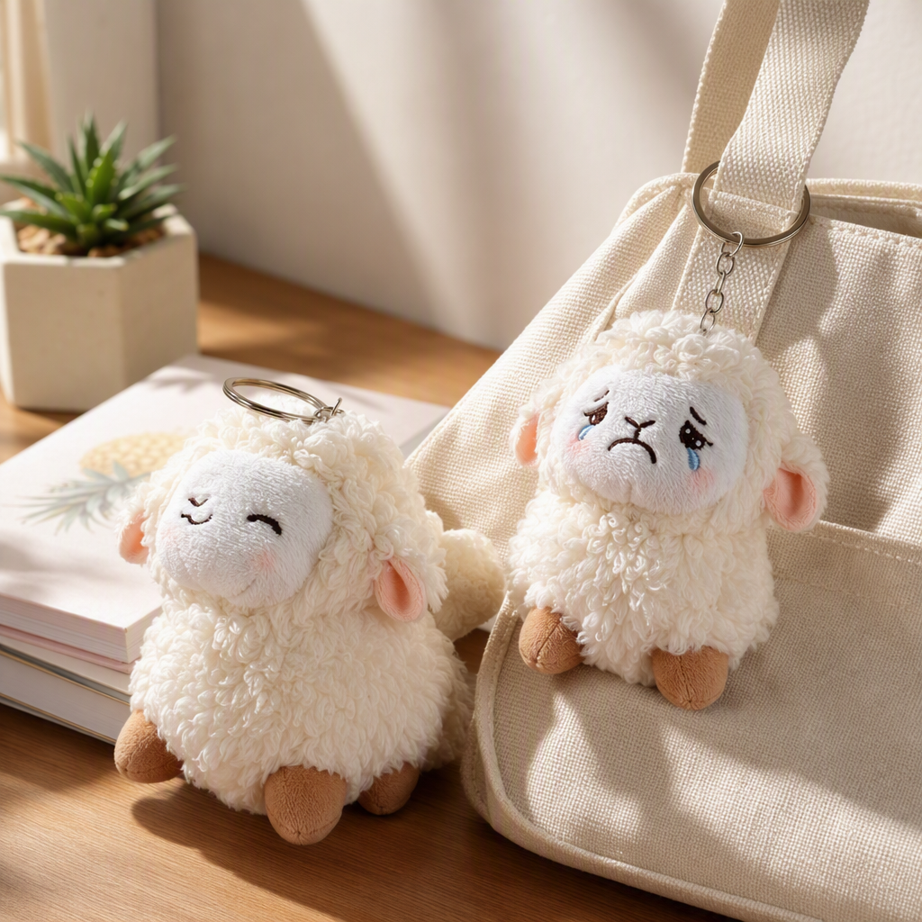 Super cute and realistic little sheep pendant bags, keychains, small dolls, adorable figurines, crying and laughing sheep, foreign trade wholesale, white plush sheep, Mother's Day custom acrylic key chains, personalized and creative accessories, gifts and giveaways details Picture