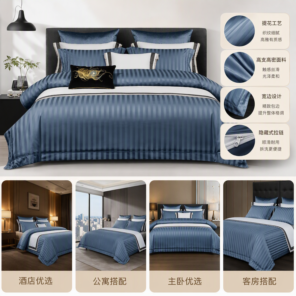 Elegante conjunto de rayas azules ropa de cama de dormitorio fresca y cómoda sábanas de algodón 100% edredón set de 4 piezas