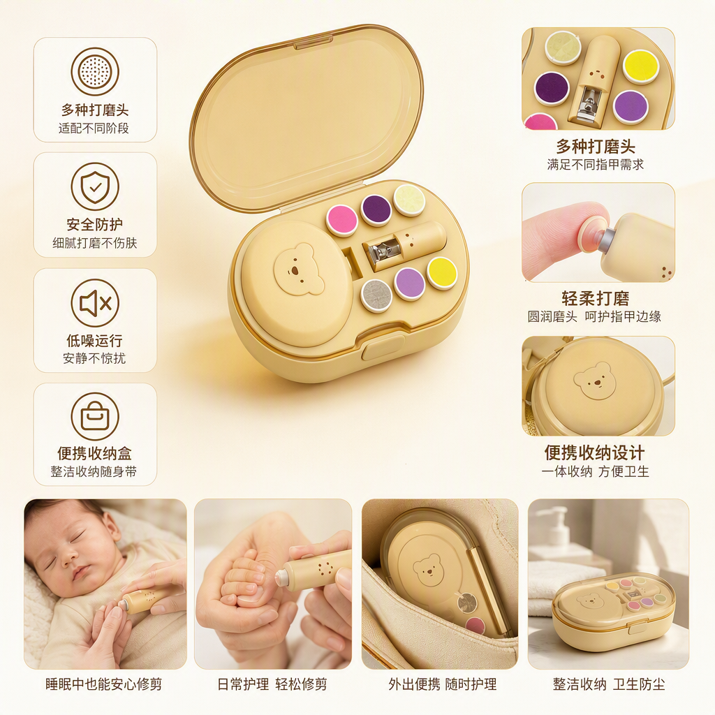 Beige baby nail trimmer with bear pattern, colorful grinding head, safe and soft baby nail trimming tool
