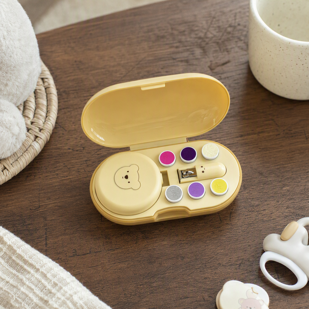 Beige baby nail trimmer with bear pattern, colorful grinding head, safe and soft baby nail trimming tool details Picture