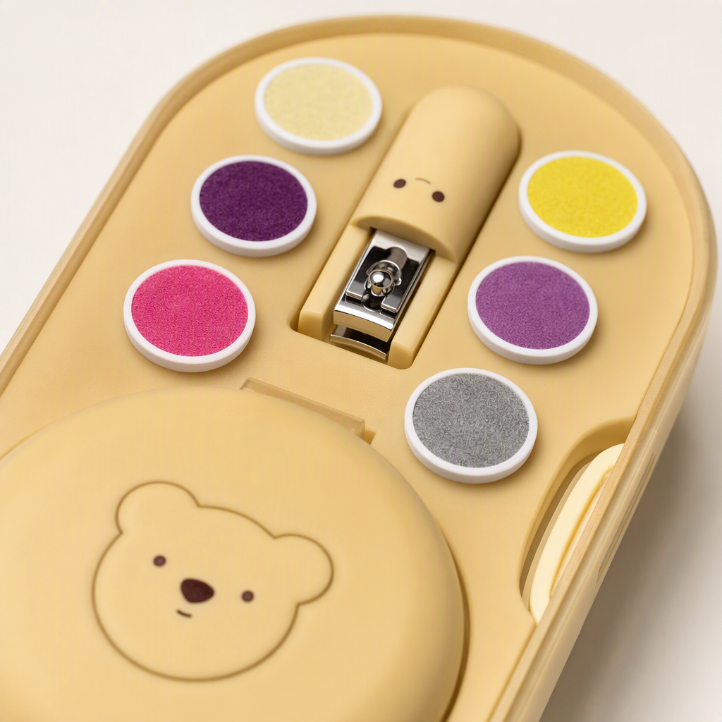 Beige baby nail trimmer with bear pattern, colorful grinding head, safe and soft baby nail trimming tool Application Scenario