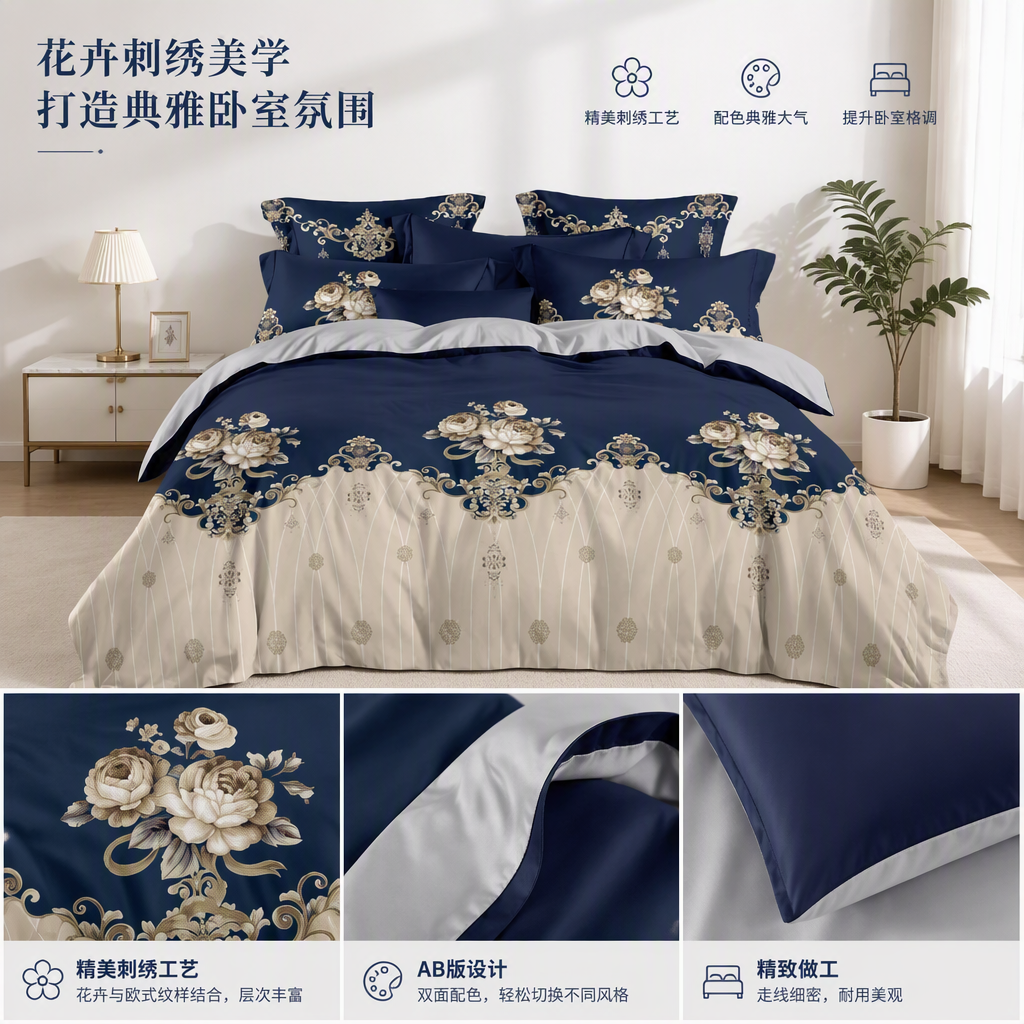 Estilo europeo lujo floral bordado conjunto de cama azul blanco patchwork arroz blanco rosa dorado patrón barroco almohada juego de cama a juego