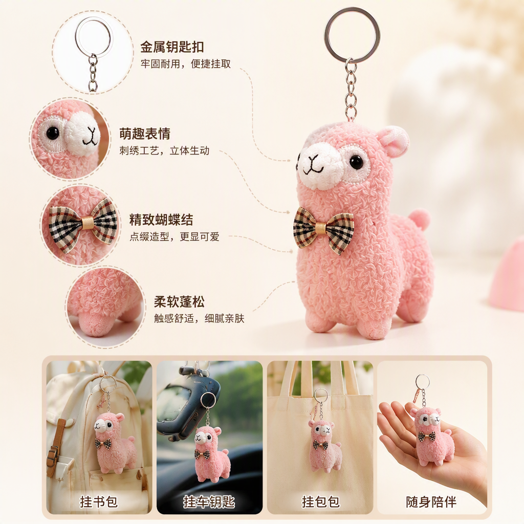 Cute, cute small bow tie, alpaca pendant, plush toy, keychain decoration, schoolbag, export can be approved, creative, colorful alpaca wool keychain, Mother's Day gift, acrylic personalized customization, multi-functional key chain accessory Specification image