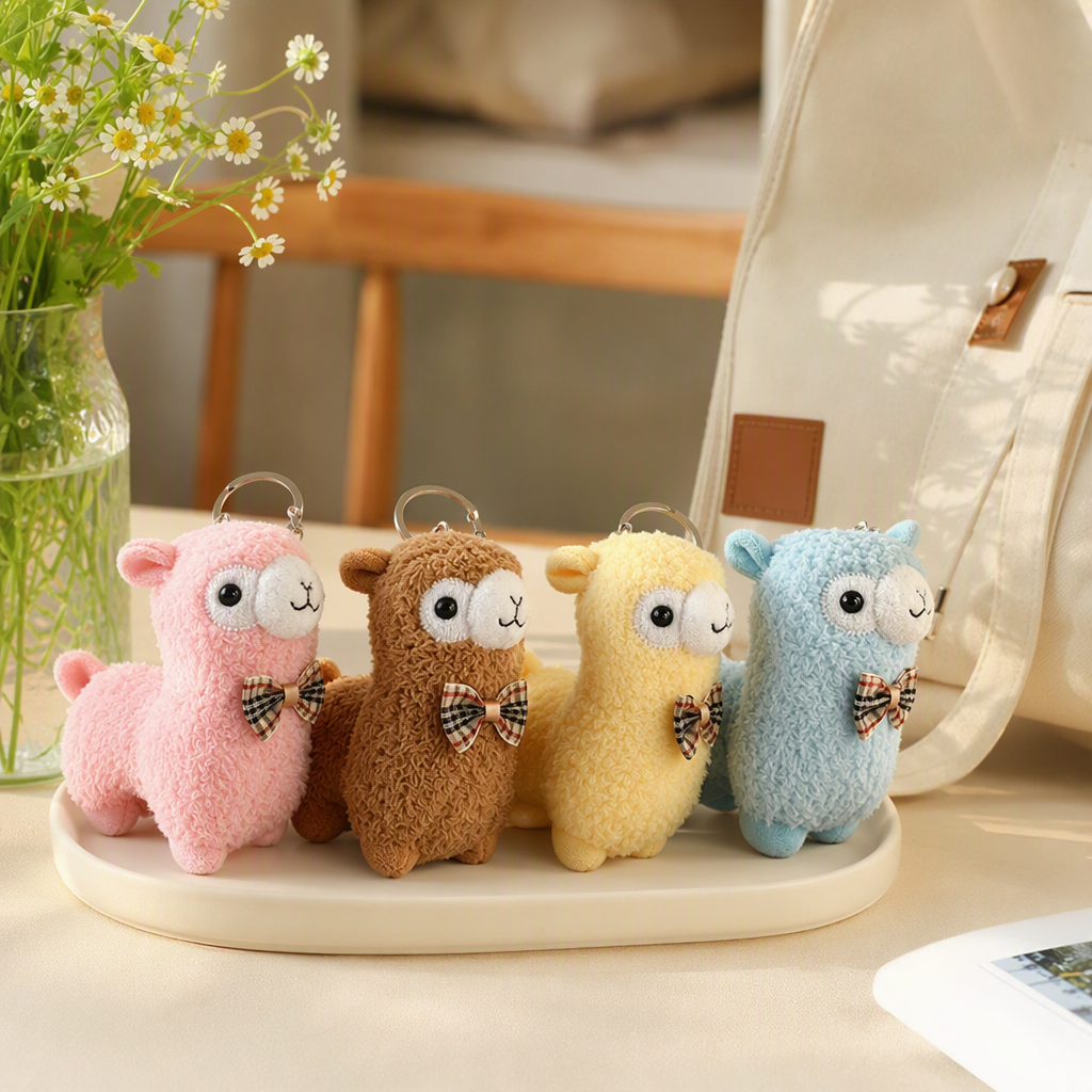Cute, cute small bow tie, alpaca pendant, plush toy, keychain decoration, schoolbag, export can be approved, creative, colorful alpaca wool keychain, Mother's Day gift, acrylic personalized customization, multi-functional key chain accessory details Picture