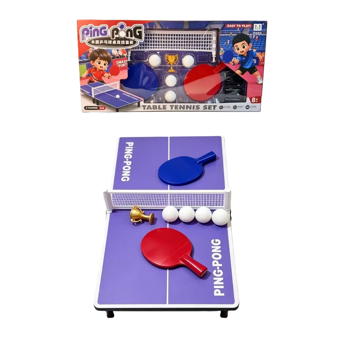 Purple ping-pong table with blue and red rackets, white ping-pong balls and golden trophies - special sports equipment for competitions Item Picture
