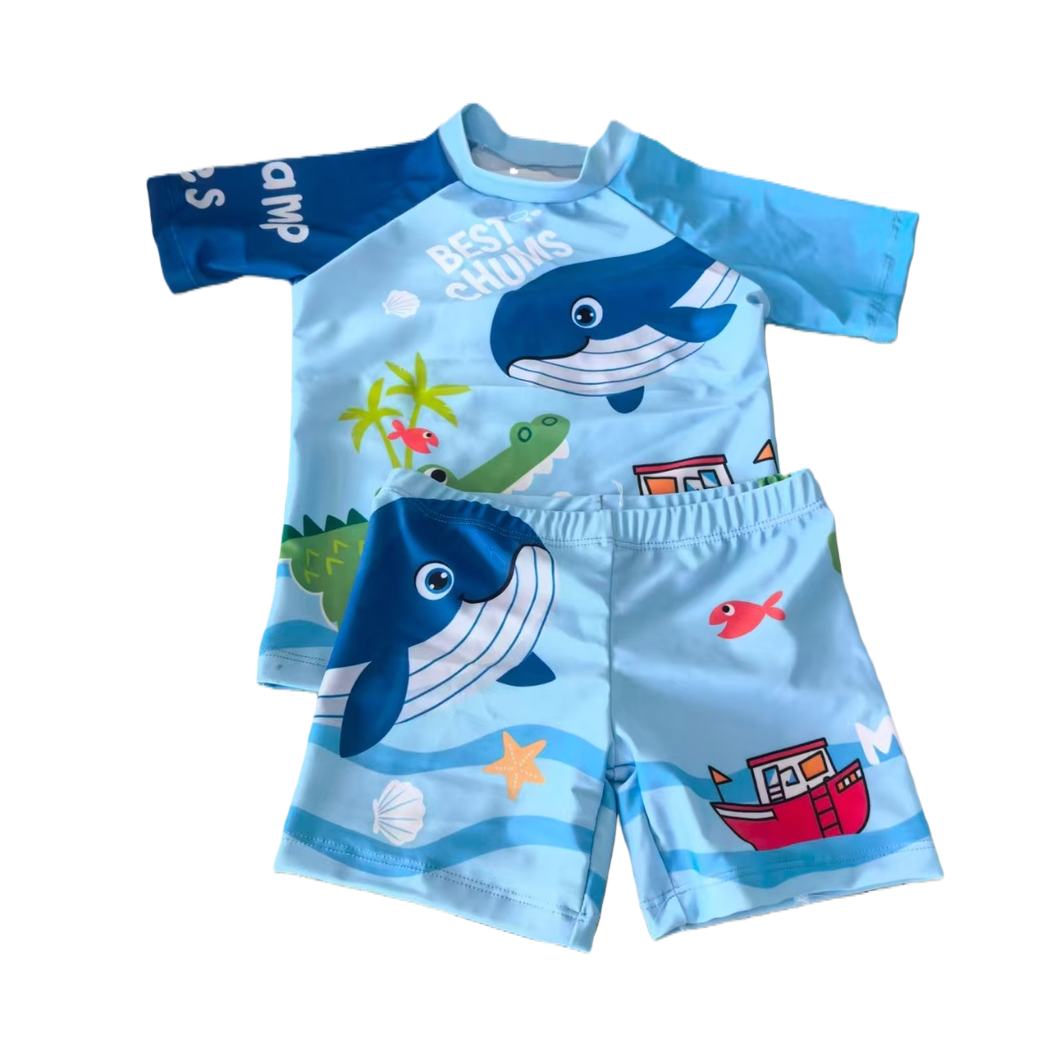 Marine element children's swimsuit set, printed whale, crocodile, small boat top, shorts, summer waterproof, sun-proof, comfortable and breathable Item Picture