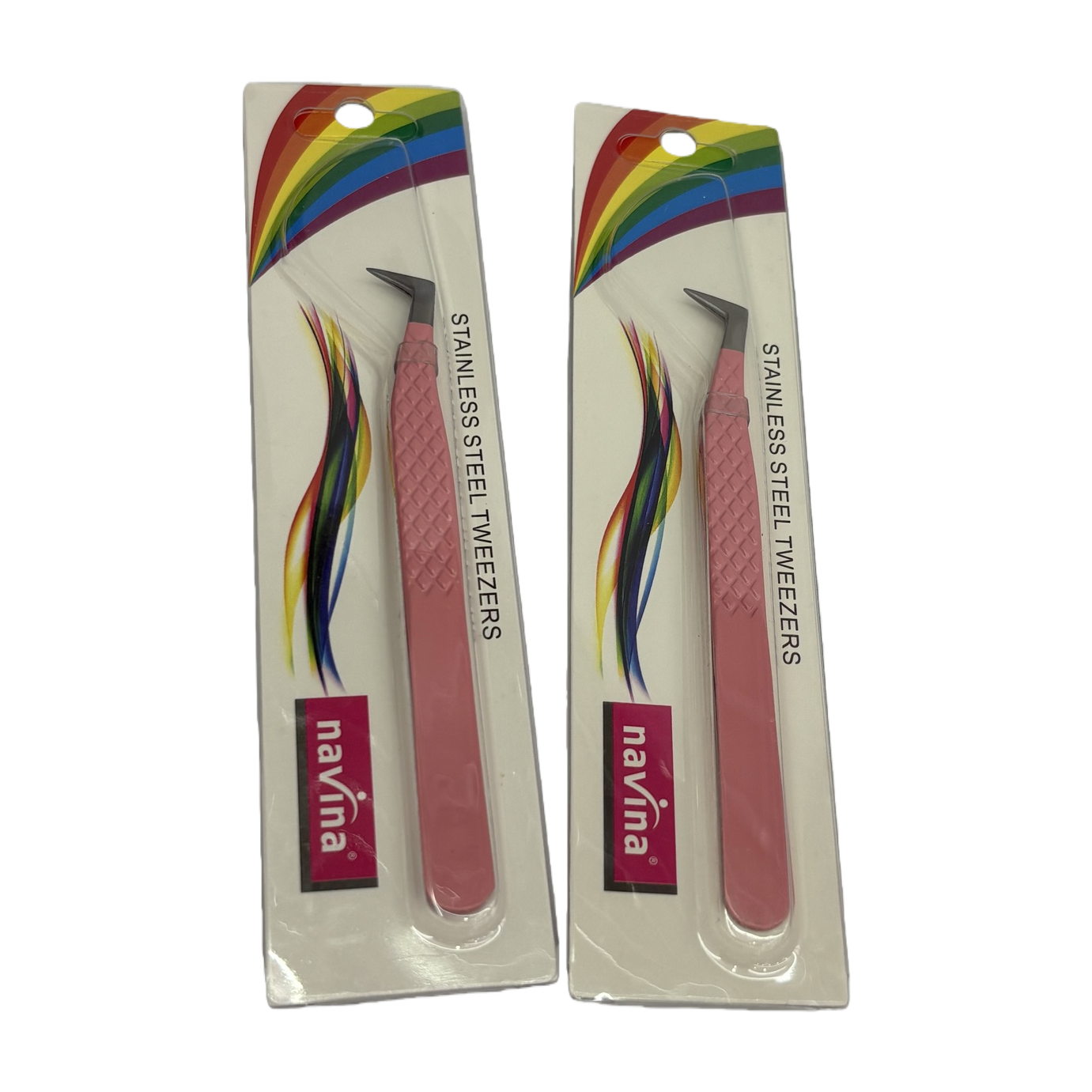 Rainbow pattern navina pink stainless steel tweezers, diamond-shaped texture handle, metal chuck, beauty and makeup tools, exquisite packaging Item Picture