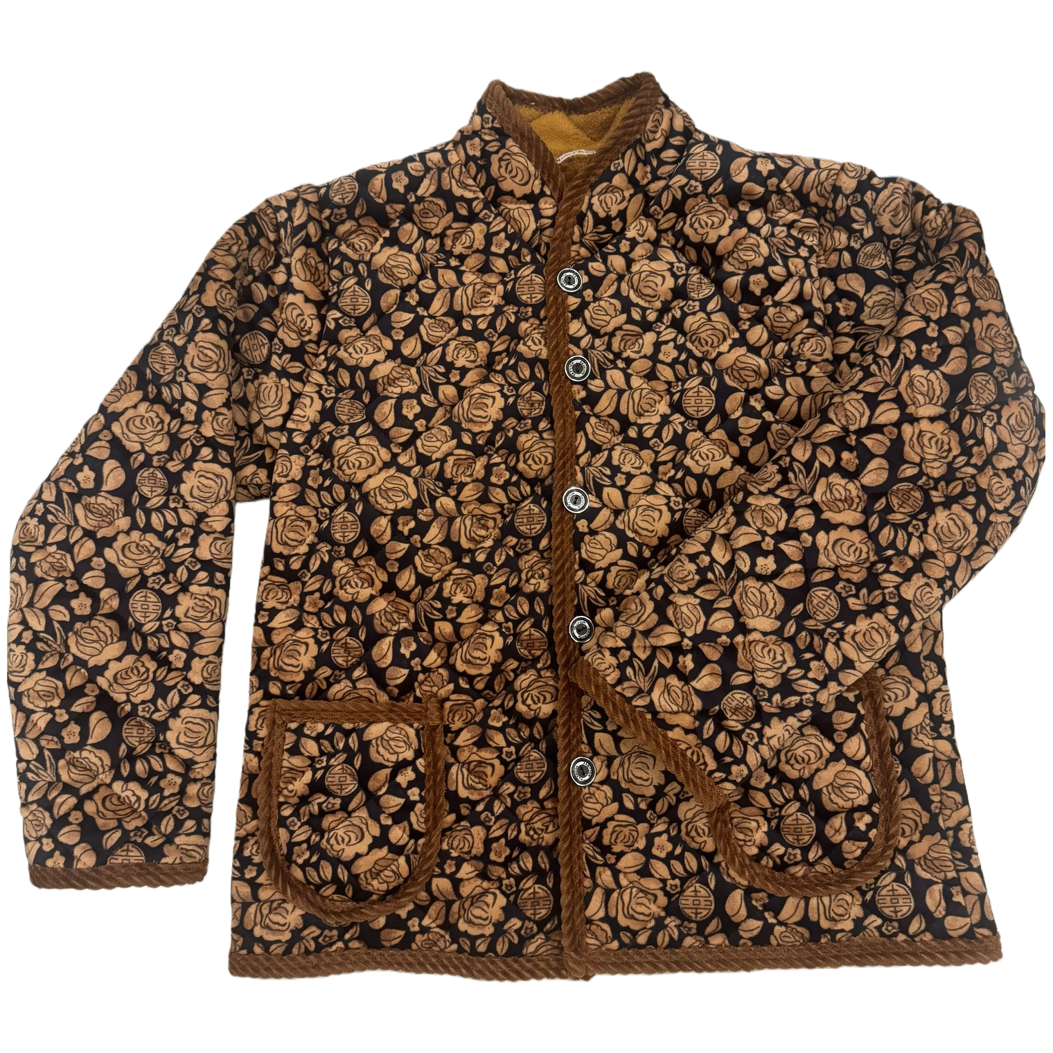 Fashionable cotton-padded jacket for autumn and winter, with brown flower pattern, black base, thickened and fleece, for women Item Picture