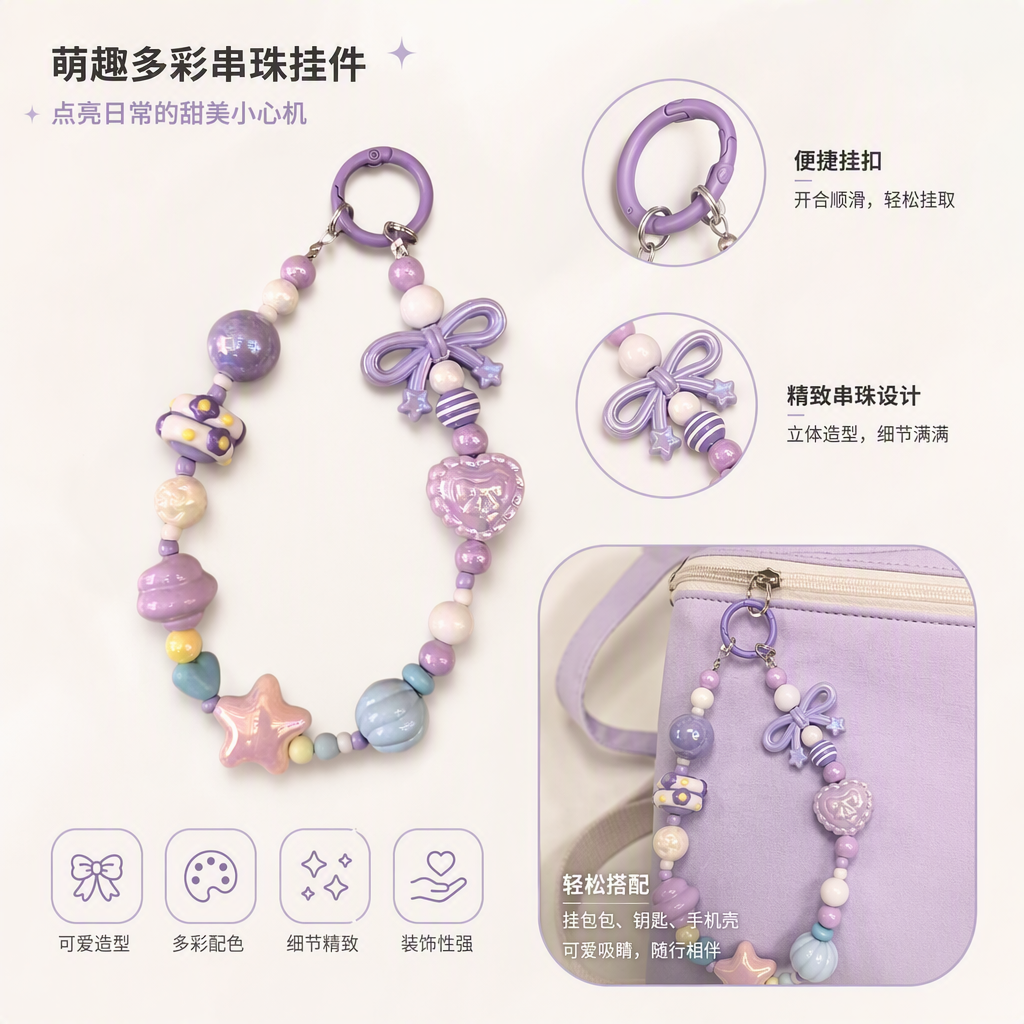 Fashionable purple beaded pendant, hand-woven colorful and personalized trendy accessory, a gift for women