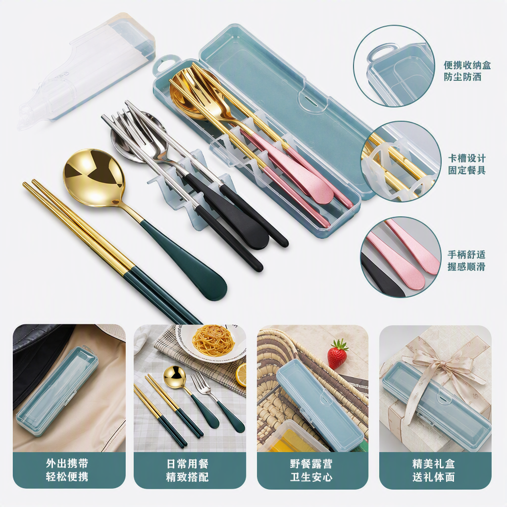 Multi-functional stainless steel tableware set, knife, fork and spoon combination, portable family tableware, essential for dining in restaurants details Picture
