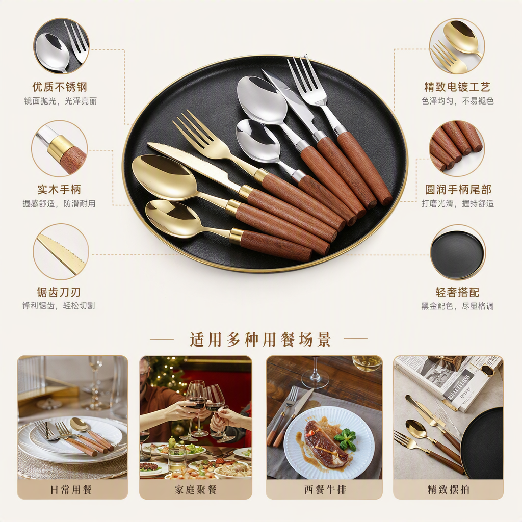 Stainless steel tableware set, household tableware knife, fork and spoon combination, restaurant table supplies, simple and durable tableware set Item Picture