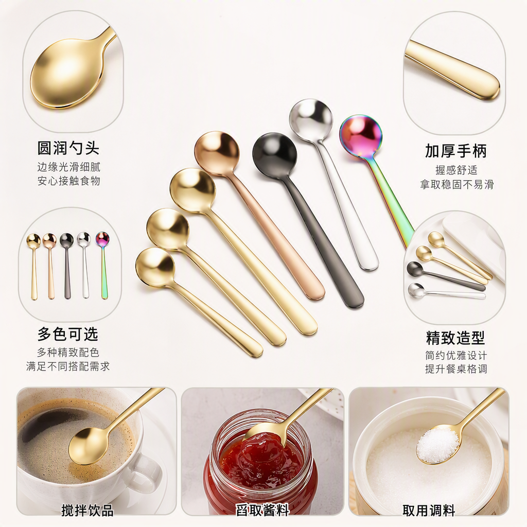 The multi-functional stainless steel spoon, soup spoon, tableware and kitchenware are simple, durable and practical for home use Application Scenario