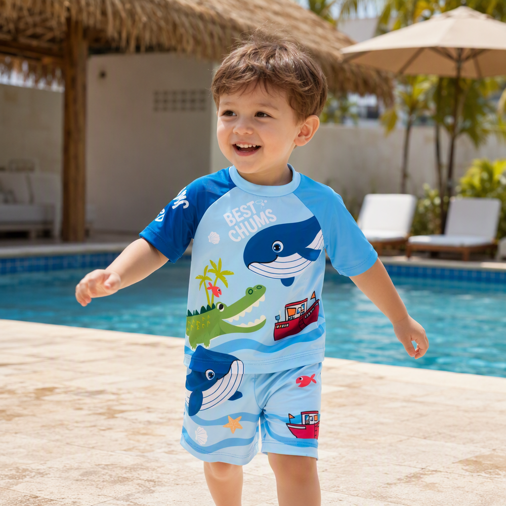 Marine element children's swimsuit set, printed whale, crocodile, small boat top, shorts, summer waterproof, sun-proof, comfortable and breathable details Picture