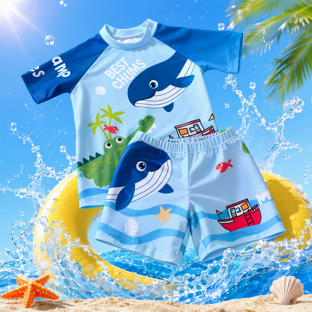 Marine element children's swimsuit set, printed whale, crocodile, small boat top, shorts, summer waterproof, sun-proof, comfortable and breathable Specification image