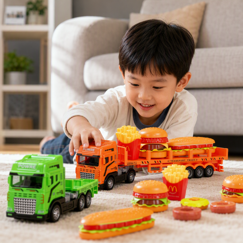 Colorful hamburger transport vehicle model, detachable front compartment, simulated food, children's toy details Picture