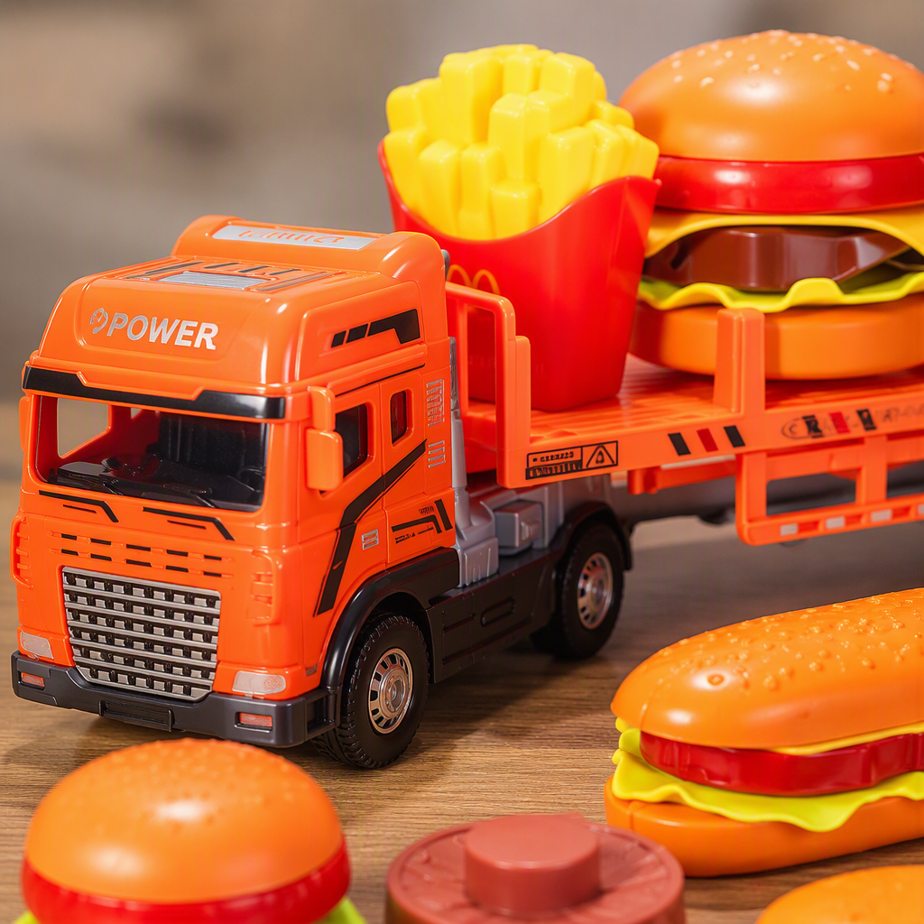 Colorful hamburger transport vehicle model, detachable front compartment, simulated food, children's toy Application Scenario