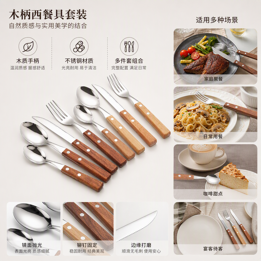 Stainless steel Western-style knife, fork and spoon set, family tableware, Western-style restaurant tableware and table supplies combination details Picture