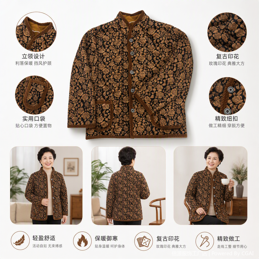 Fashionable cotton-padded jacket for autumn and winter, with brown flower pattern, black base, thickened and fleece, for women