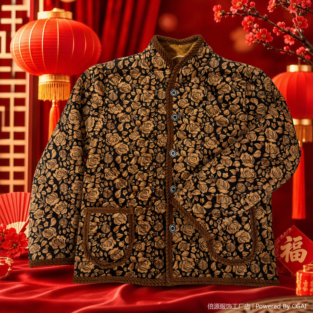 Fashionable cotton-padded jacket for autumn and winter, with brown flower pattern, black base, thickened and fleece, for women Specification image