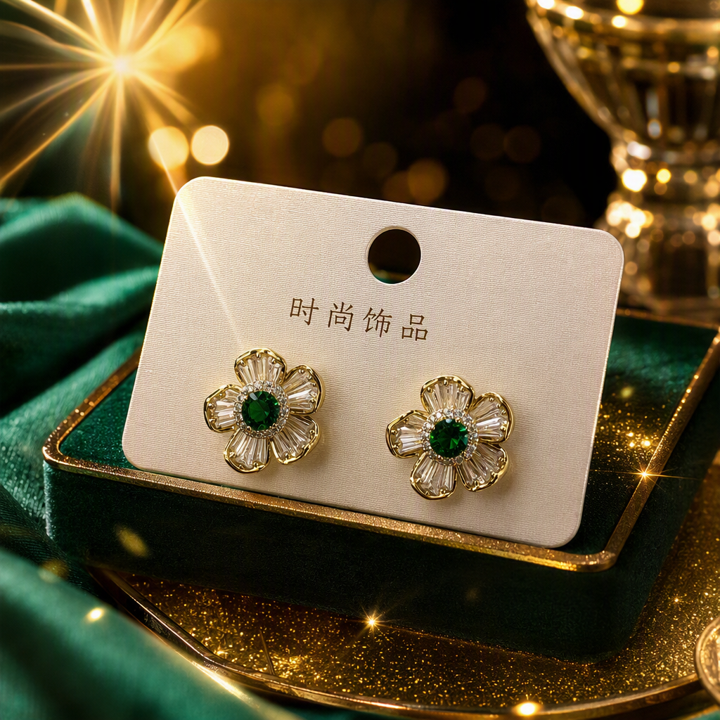 金色花朵造型耳钉，绿色宝石中心，透明水晶花瓣，附带“FASHION JEWELRY”标签的白色展示卡细节图