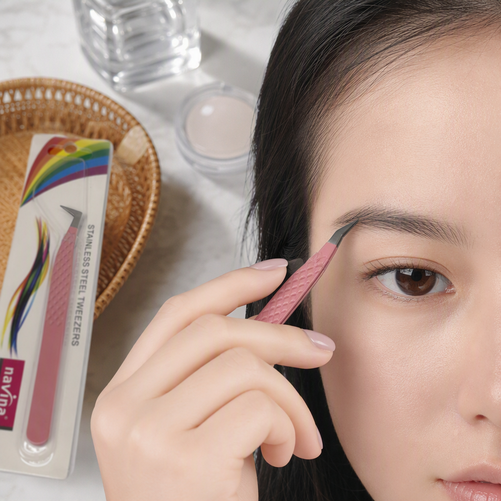 Rainbow pattern navina pink stainless steel tweezers, diamond-shaped texture handle, metal chuck, beauty and makeup tools, exquisite packaging details Picture