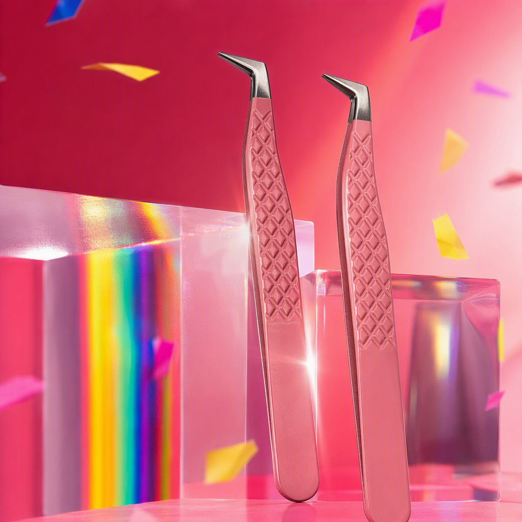 Rainbow pattern navina pink stainless steel tweezers, diamond-shaped texture handle, metal chuck, beauty and makeup tools, exquisite packaging Specification image