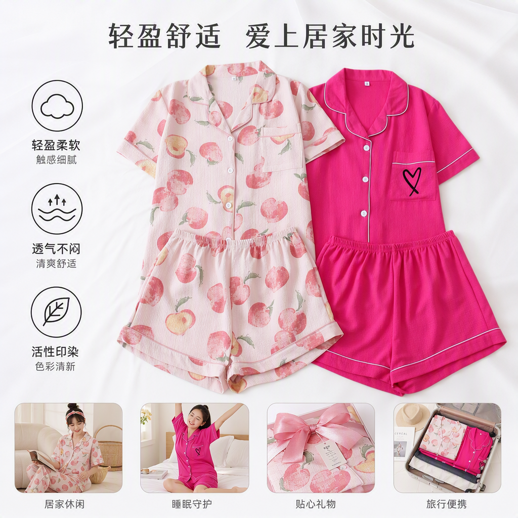 粉色桃子图案柔软睡衣套装玫红色心形刺绣舒适家居服情侣款春夏款