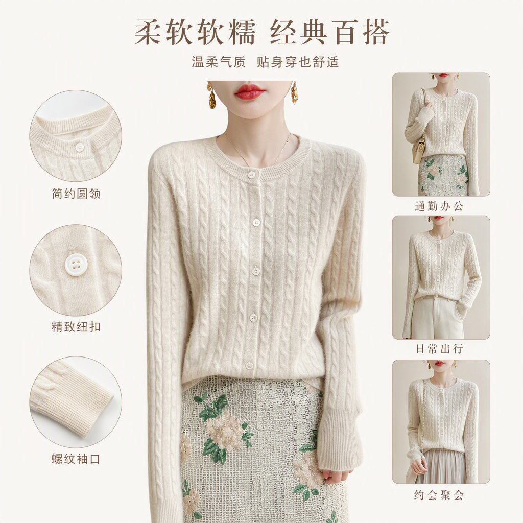 The off-white knitted long-sleeved cardigan for women's tail leg covers are casual, versatile, warm and comfortable to pair with