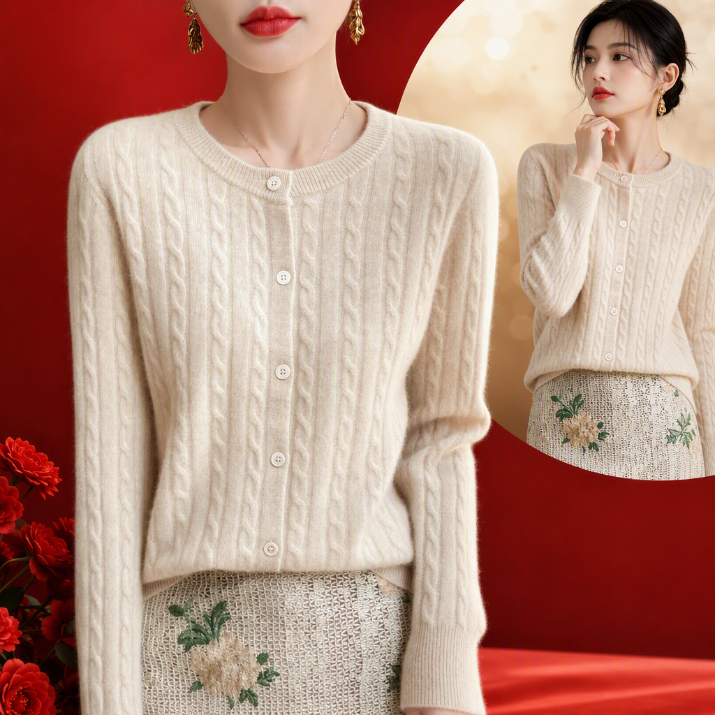 The off-white knitted long-sleeved cardigan for women's tail leg covers are casual, versatile, warm and comfortable to pair with Specification image