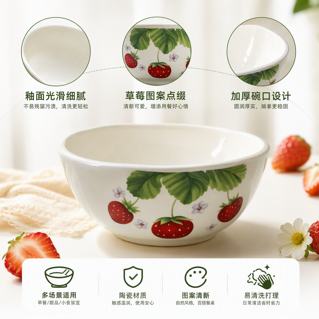 可爱草莓图案白色陶瓷碗家用早餐汤碗水果碗餐具套装