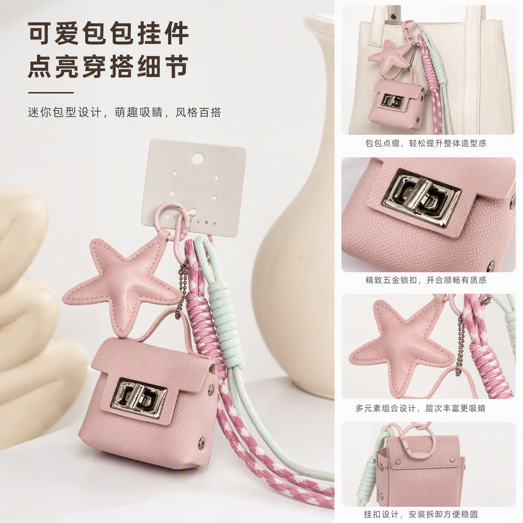 Pink and beige small bags, keychains, star pendants, colorful shoelaces, fashionable, creative and trendy accessories as gifts