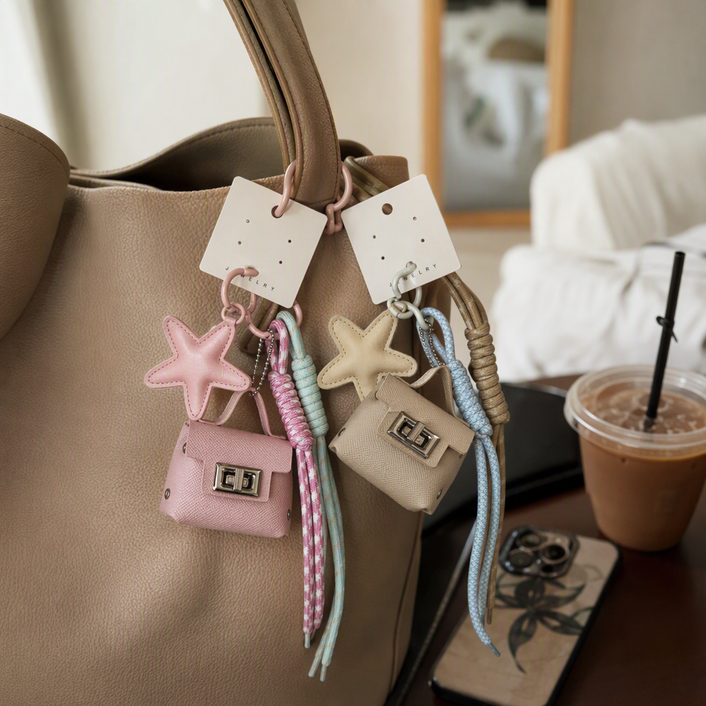 Pink and beige small bags, keychains, star pendants, colorful shoelaces, fashionable, creative and trendy accessories as gifts details Picture